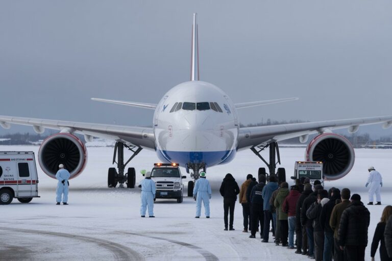 A large white jet on a snowy tarmac, passengers lined up to board while ground crew in blue protective suits stand nearby.