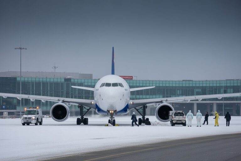Front view of a large white commercial airplane parked on a snowy tarmac with ground crew and service vehicles nearby at the airport.