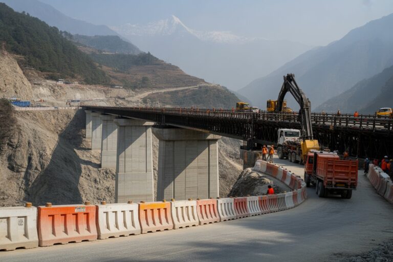 Construction on a mountain highway: a partially built bridge with concrete pillars, orange-and-white barriers, and workers in orange vests; excavator and trucks on the site with rugged hills in the background.