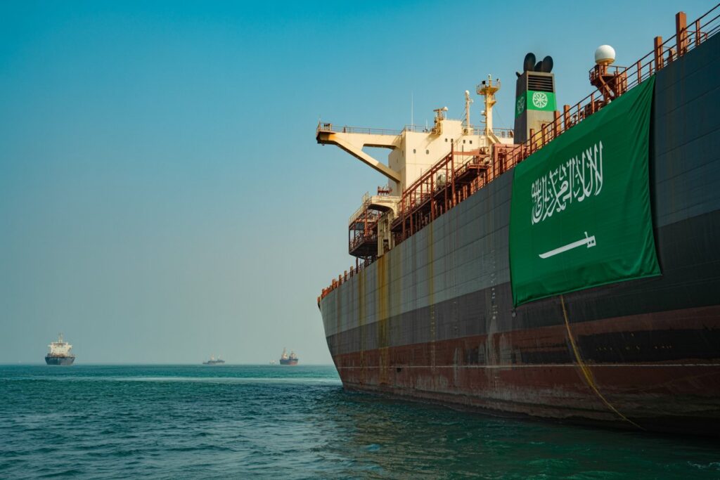 Massive cargo ship at sea with a green Saudi flag banner along its hull.
