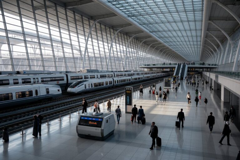 Busy train station concourse with a high glass roof, trains on adjacent tracks, and travelers carrying luggage.