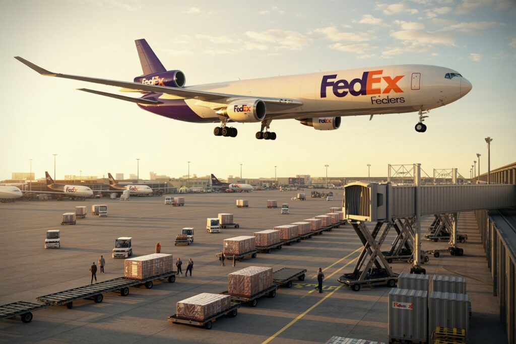 FedEx cargo jet approaching runway at a busy tarmac with ground crew and pallets ready for loading.