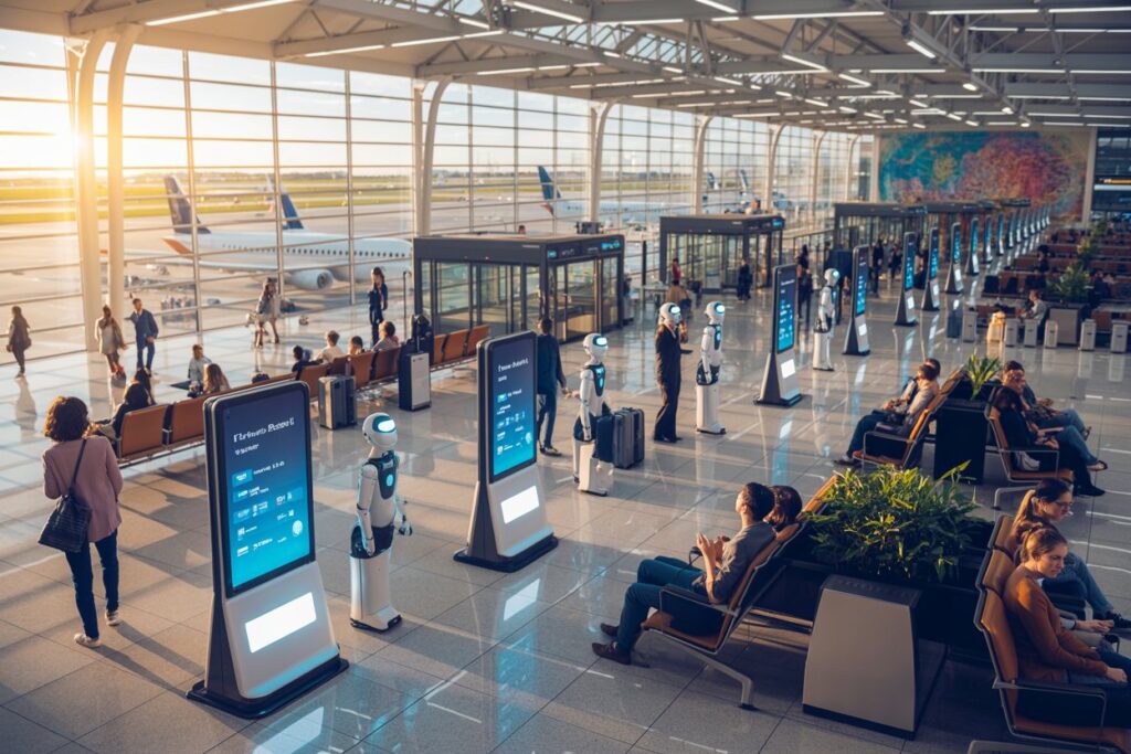 Airport terminal with glass walls, sun glare, and seating where travelers wait beside self-service kiosks and service robots for assistance.
