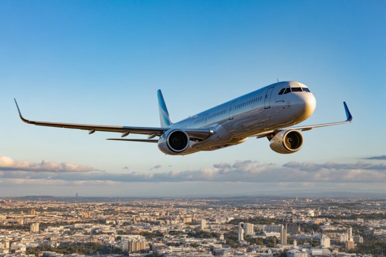 White passenger jet with blue tail ascending over a sprawling cityscape on a clear day.