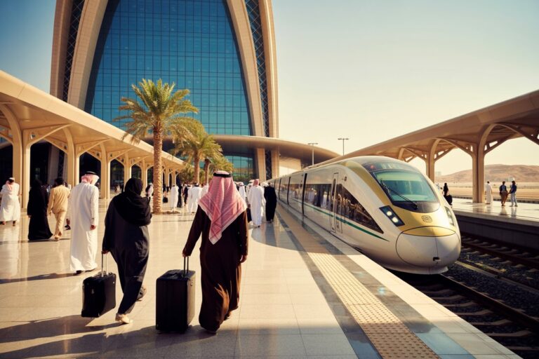 Travelers with rolling suitcases walk along a sunlit platform beside a sleek high‑speed train at a modern station.
