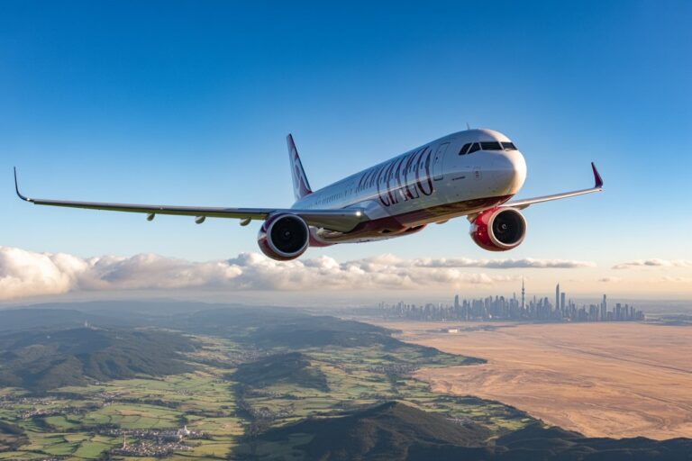 Commercial airliner in flight over green countryside and a distant city skyline on a clear day.