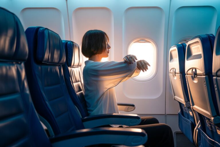 Passenger with short hair sits in an airplane seat by the window, stretching her arms as sunlight fills the cabin.
