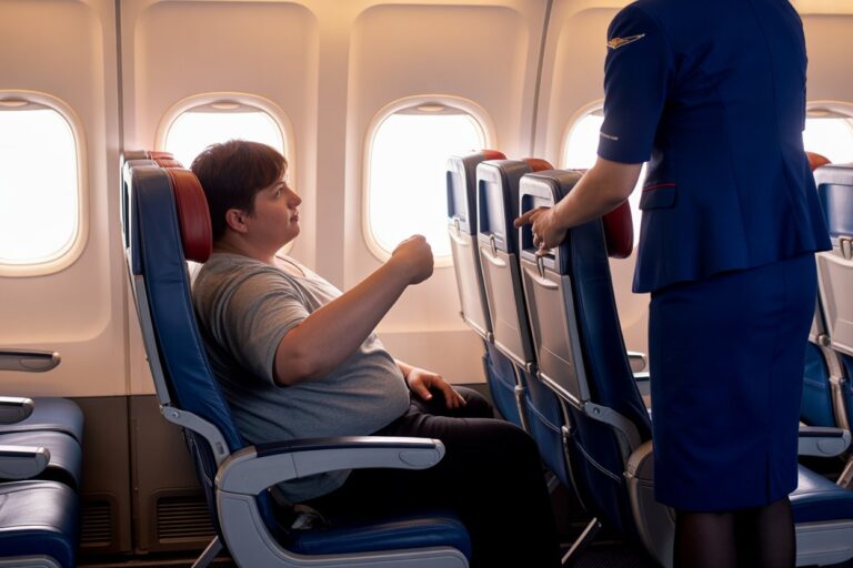 Airline passenger seated by the window while a flight attendant in blue uniform approaches to assist.