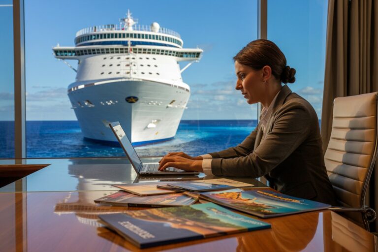 Businesswoman typing on a laptop at a polished desk with a cruise ship visible through the window behind her.