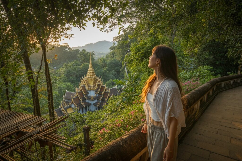 A woman stands on a terrace overlooking a lush jungle and a golden spired temple in the distance at sunset.