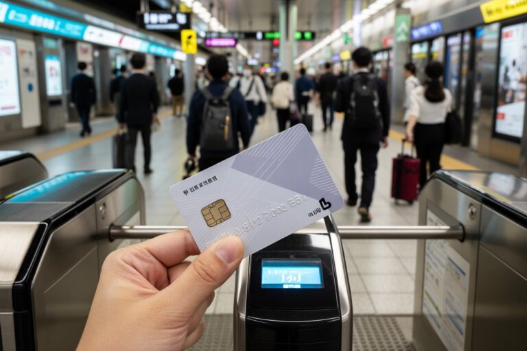 Hand holding a contactless smart card near a subway turnstile, with blurred commuters in a station behind.