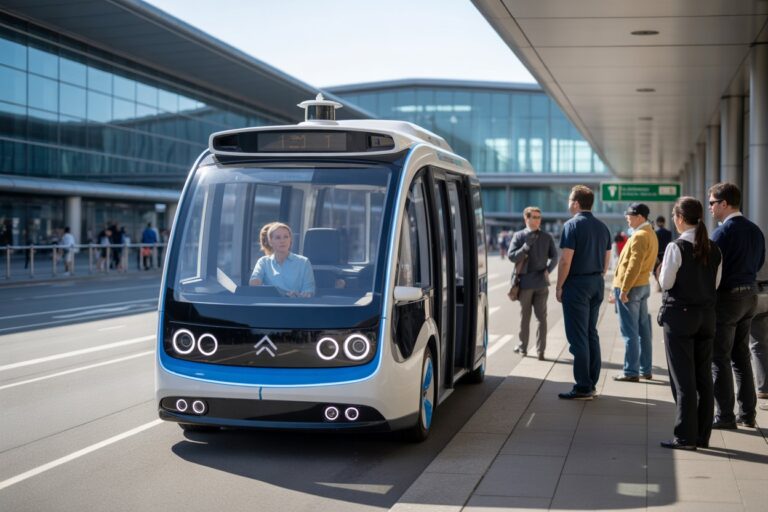 Autonomous shuttle at a modern transit stop with people waiting nearby.