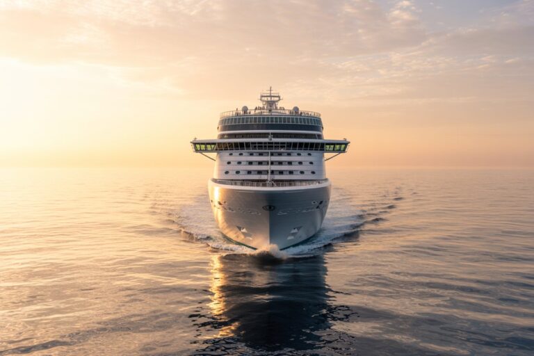 Front view of a large white cruise ship sailing toward the viewer at sunset, leaving a gentle wake on calm water.
