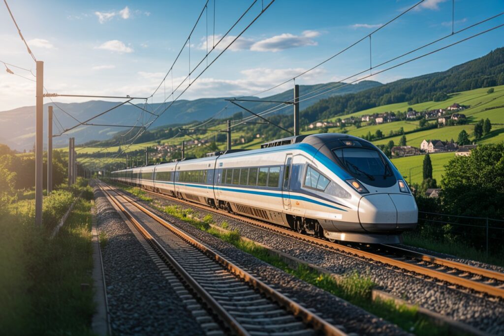Modern white-and-blue high-speed passenger train on electrified tracks through a green hillside valley with a village in the distance.
