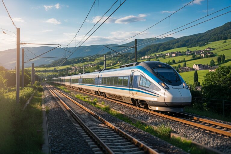 Modern white-and-blue high-speed passenger train on electrified tracks through a green hillside valley with a village in the distance.