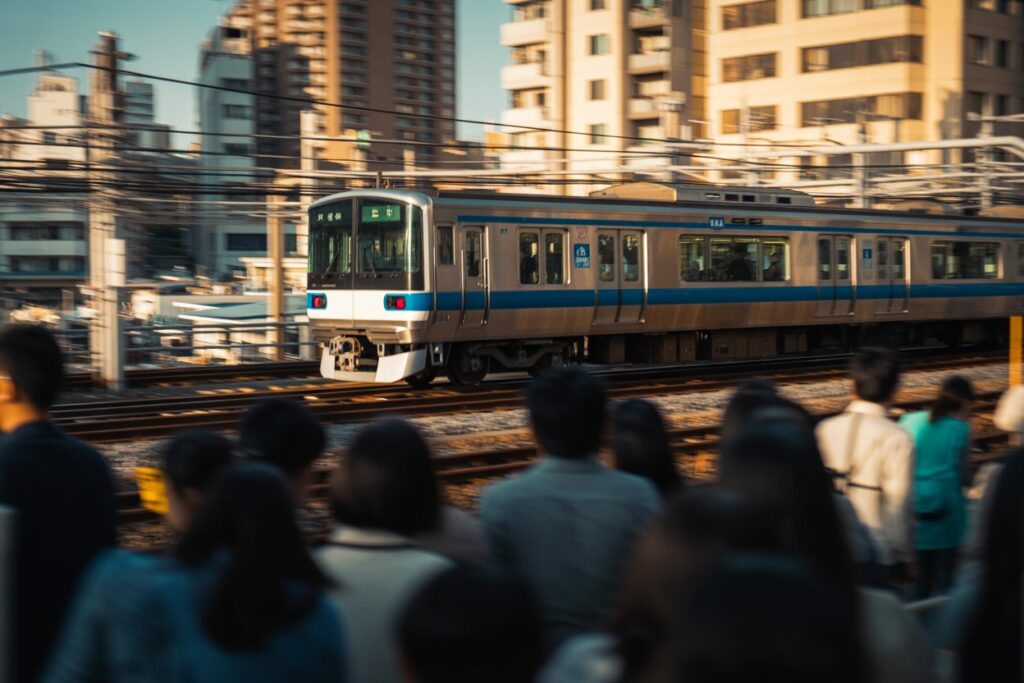 Commuter train speeding past at a crowded city station with tall buildings in the background (daytime).