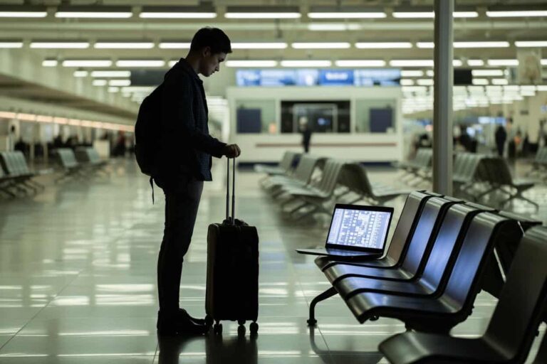 Traveler with a rolling suitcase stands beside empty airport seats, looking at a device while a laptop rests on a nearby chair.",