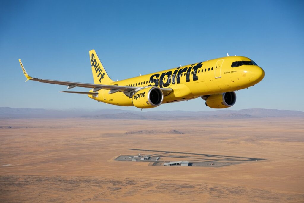 Bright yellow Spirit Airlines jet soaring over a desert landscape with a distant airport below.