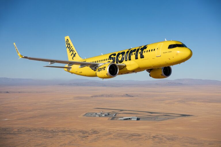 Bright yellow Spirit Airlines jet soaring over a desert landscape with a distant airport below.
