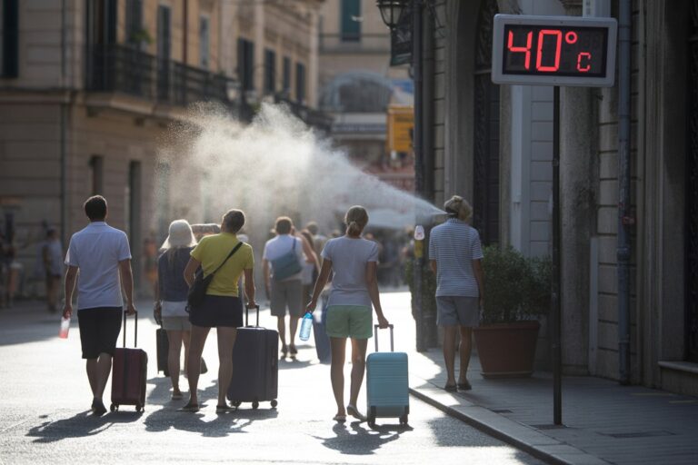 Group of travelers with rolling suitcases walking down a sunlit city street as a cooling mist sprays from above, temperature reading 40°C nearby.
