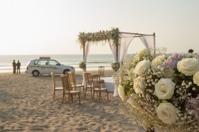 Beach wedding setup with white draped arch, floral bouquet in foreground, and chairs facing the ceremony by the ocean.