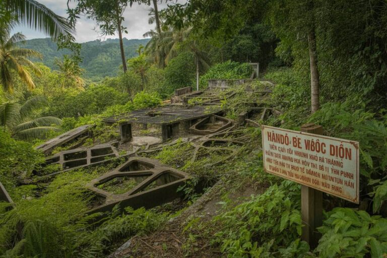 Abandoned concrete structures covered in greenery on a hillside, with a weathered Vietnamese sign nearby.