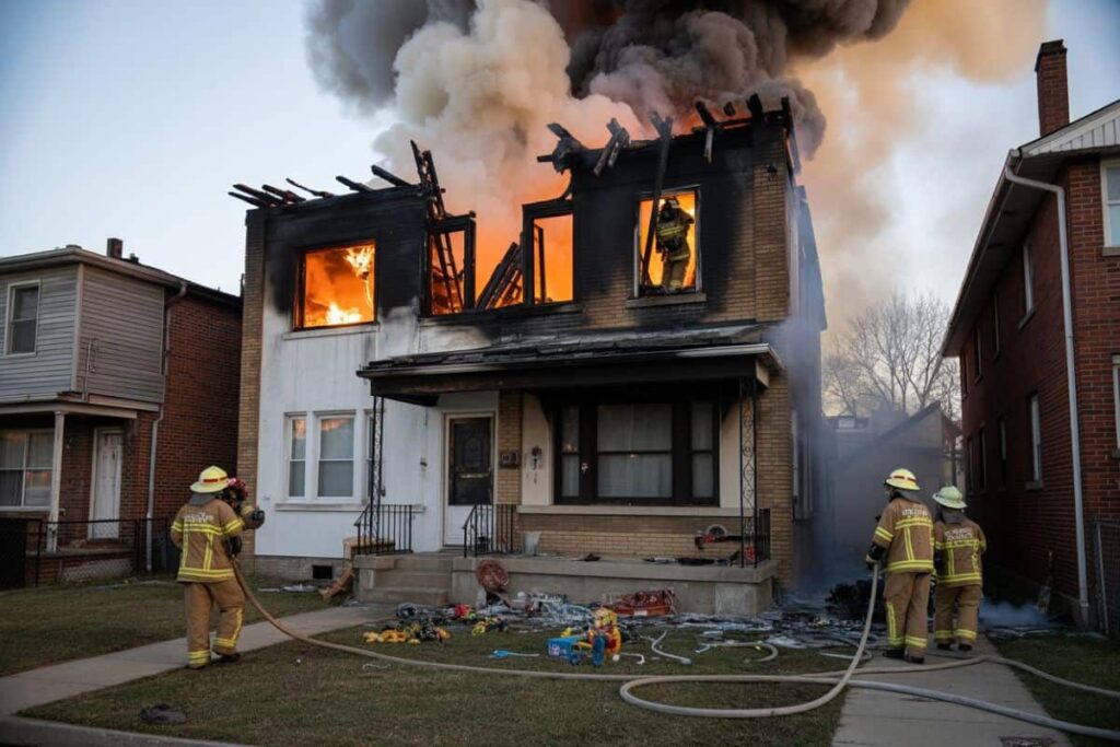 Two-story house on fire with large flames and thick smoke; firefighters in full gear directing hoses at the blaze.