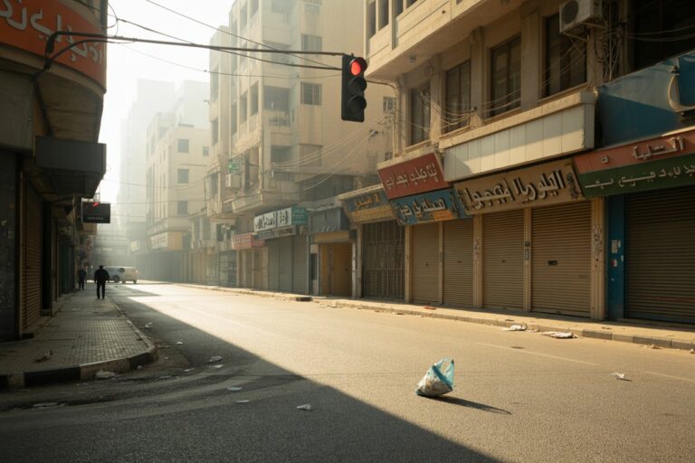 Empty urban street with closed shopfronts on both sides, a plastic bag on the road, and a red traffic light ahead in a hazy afternoon glow.