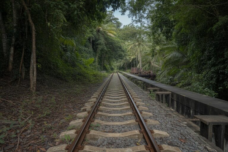 Railroad tracks run through a dense tropical forest toward a distant vanishing point, with a platform on the right side.