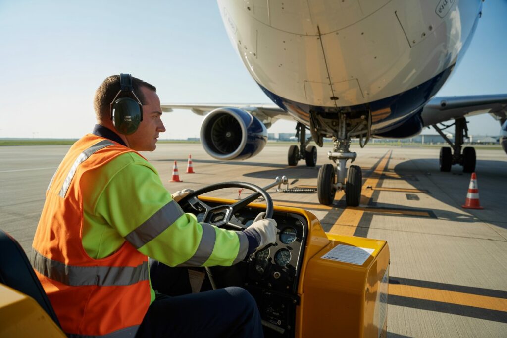 Ground crew member in a neon safety vest and headphones operating a yellow pushback tug in front of a large commercial airplane on the tarmac.
