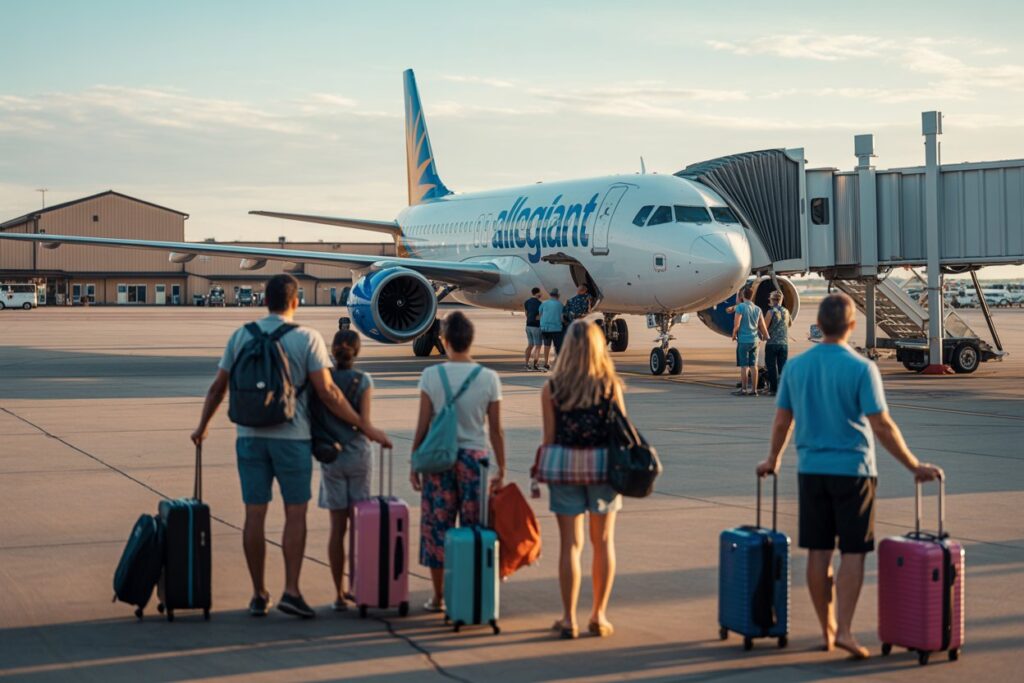 Group of travelers with rolling suitcases waiting to board an Allegiant airplane at a jet bridge on the tarmac at sunset.