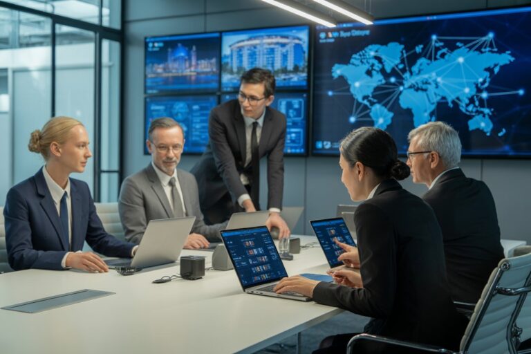 Team of six in a modern conference room, laptops open, one person standing and gesturing as others look at screens displaying world map and data dashboards