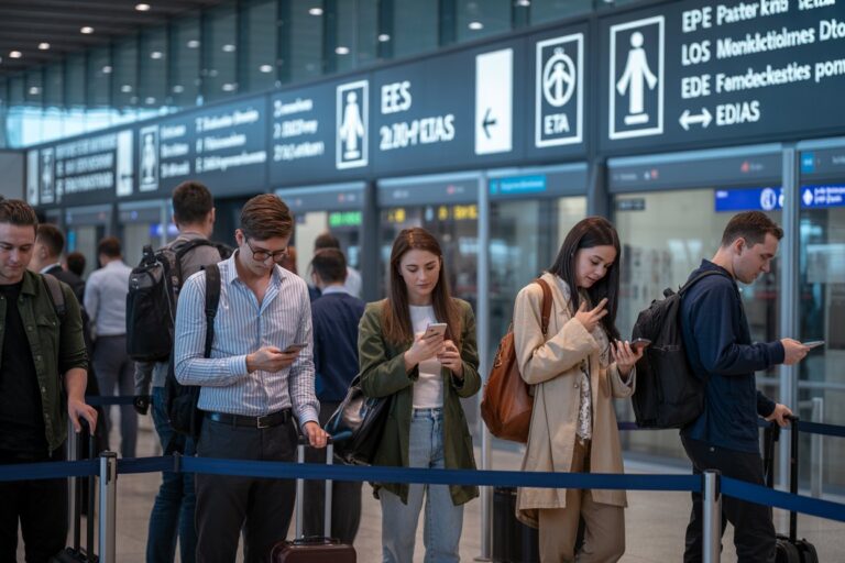 Group of travelers standing in a queue at an airport, all looking at their phones. Signs and security lanes in the background.