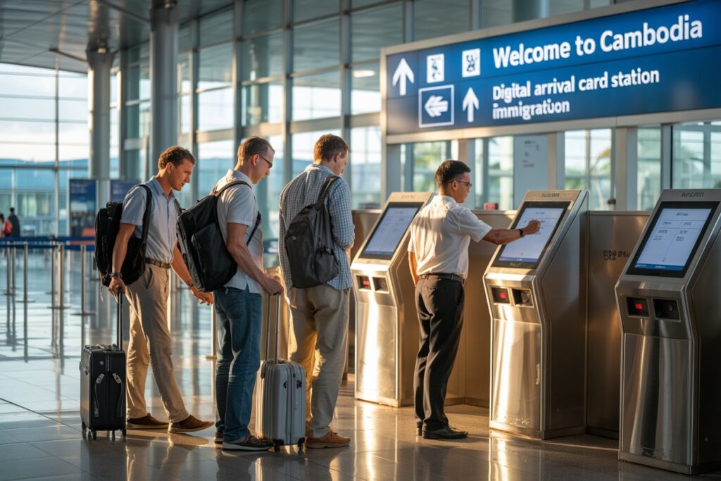 Group of travelers with rolling suitcases using self-service immigration kiosks at an airport destination sign visible above them, 'Welcome to Cambodia'.