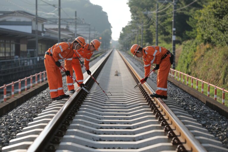 Maintenance workers in orange safety suits inspecting railway tracks with tools on both sides of the rails.