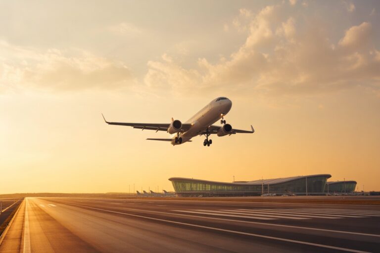 Airplane lifting off from a runway at sunset near a modern airport terminal