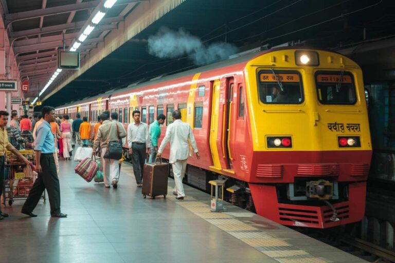 People with suitcases boarding a red and yellow Indian Railways train at a busy station platform: a busy travel scene on a train platform in India with passengers and luggage.