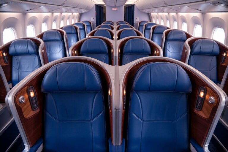 Rows of blue leather business-class seats in private pods with wood trim along a windowed cabin.