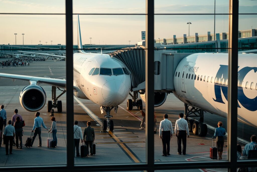 Passengers with rolling suitcases stand near a large white passenger jet connected to a jet bridge at the airport gate during boarding.