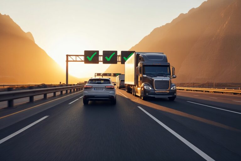 Sunset highway with a large truck and a white car driving side by side under three green check marks on an overhead sign.