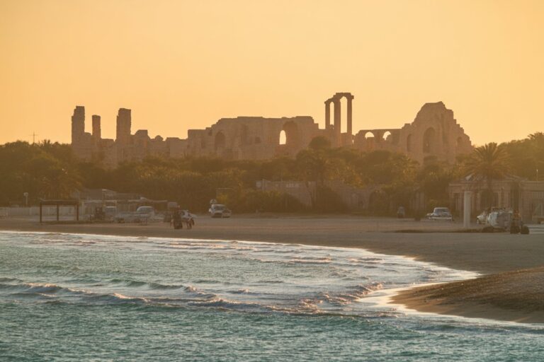 Sunset over a coastal beach with ancient stone ruins on a hill, palms, and a few parked cars nearby.
