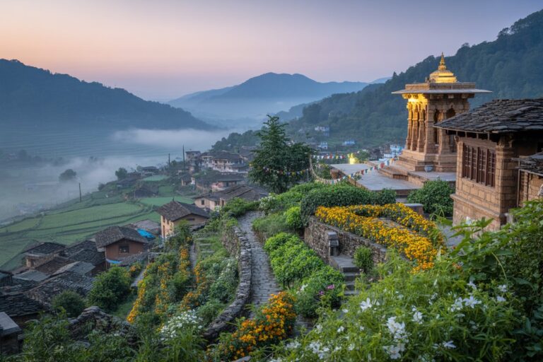 Terraced hillside village at dawn with misty valley, a stone path flanked by yellow flowers leading to a carved temple on the right.