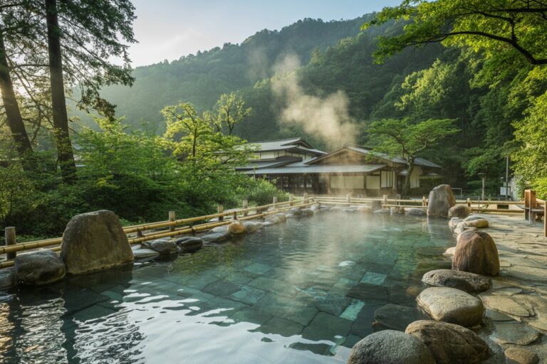 Outdoor Japanese onsen with steaming mineral pool, large rocks, and a traditional inn nestled among green hills.
