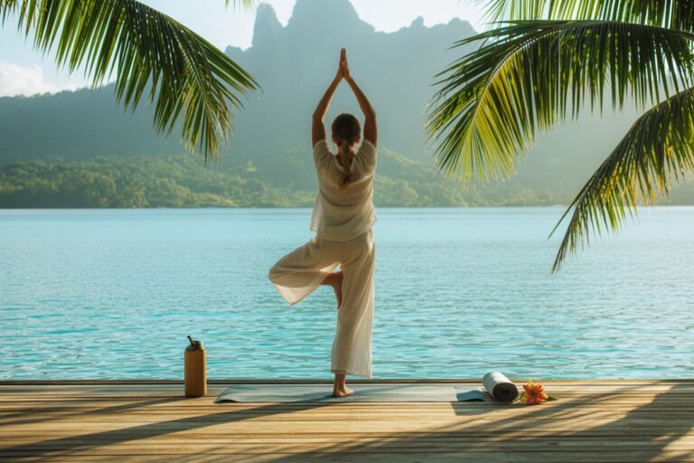 Person stands on one leg in a yoga pose on a mat, on a wooden deck beside a turquoise lake with palm fronds and mountains in the background.