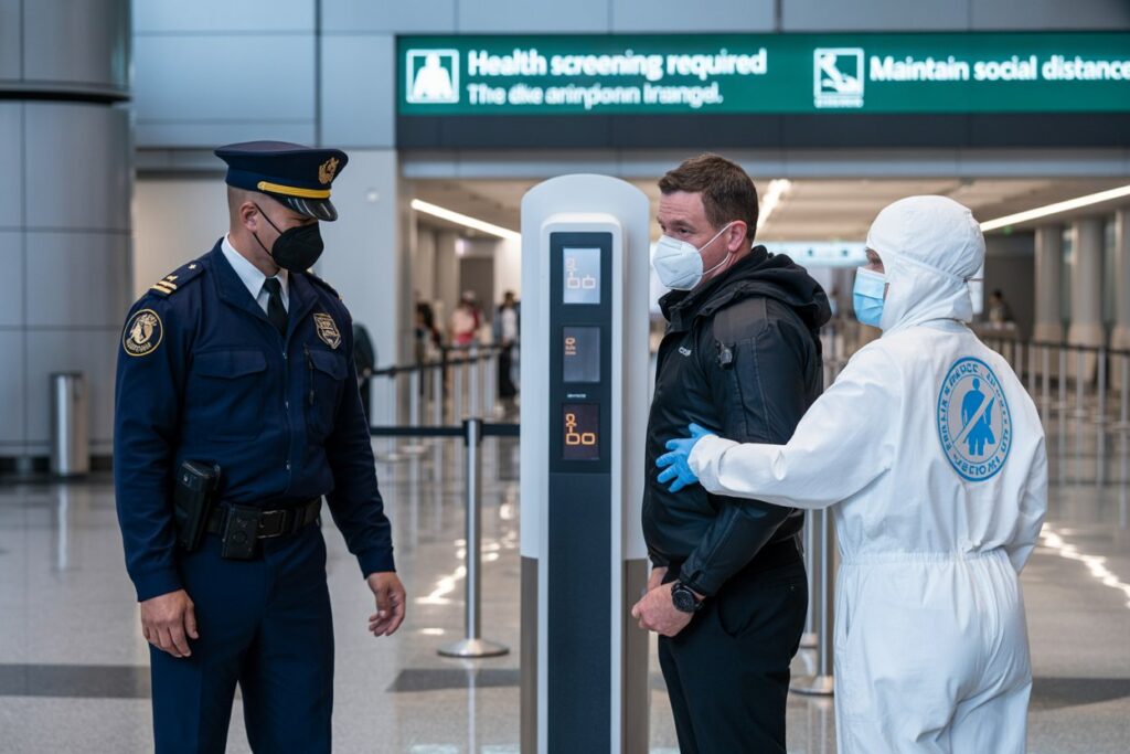 Security officer in blue uniform speaks with a masked man at a health screening checkpoint, with a healthcare worker nearby.