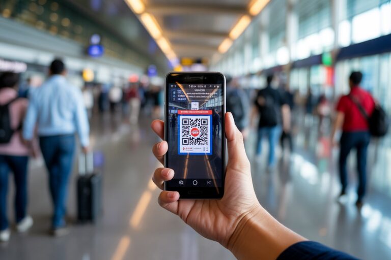 Hand holding a smartphone displaying a QR code in a bustling airport terminal area