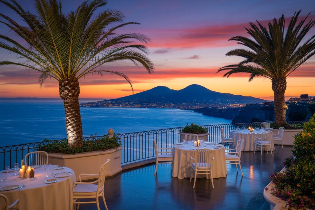 Terrace dining area at sunset with two palm trees, white-cloth tables, and candles overlooking the sea and coastline.