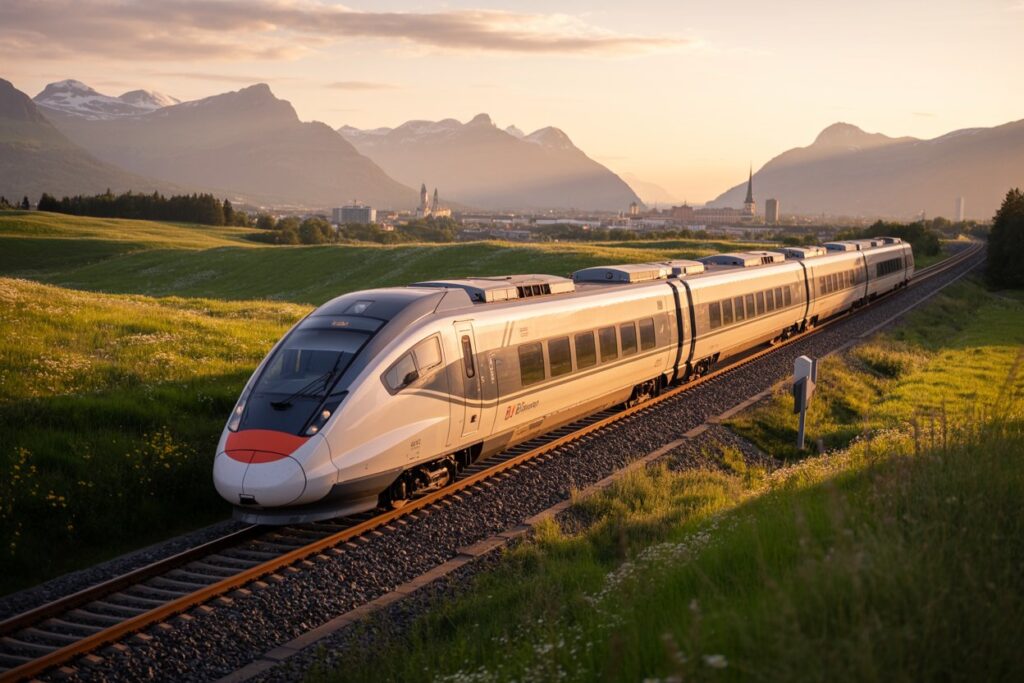 White high‑speed passenger train on a single track through a green countryside at sunset, with mountains and a distant town in view.