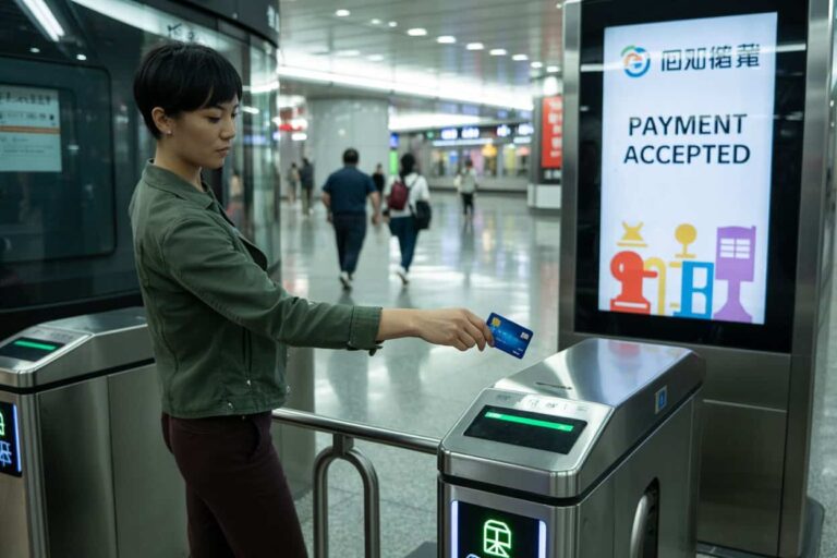 Woman at a subway turnstile tapping a blue card to pay for entry, with a 'Payment Accepted' display nearby.
