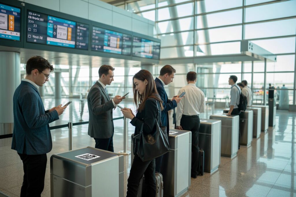 Business travelers at airport gates, scanning QR codes on their phones at check-in barriers with luggage nearby.